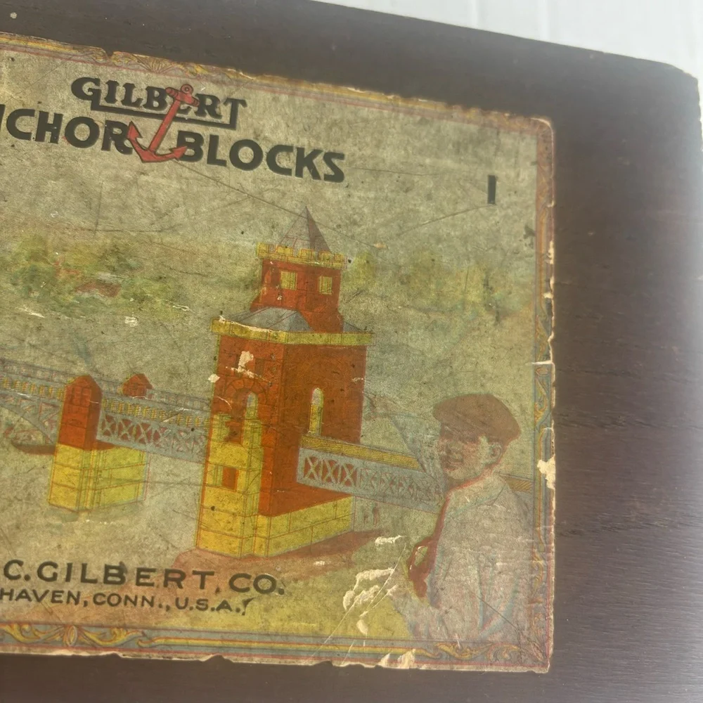 Antique-Wooden Box W/Advertising/Gilbert Anchor Blocks/Retro Toy Decor